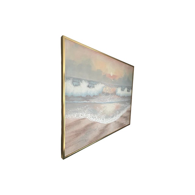 Vintage Postmodern 1970 Large Canvas Oil Ocean Painting Wall Art Pink Signed Nicol For Sale - Image 4 of 11