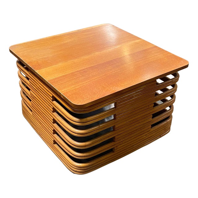 1940s Restored Rare 18" Tall Stacked Rattan MCM Coffee Table W/ Mahogany Top For Sale