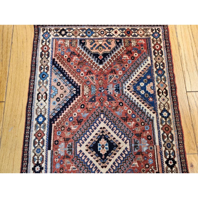 Vintage Persian Shiraz Tribal Runner Rug, Hand-Knotted Wool, Geometric Medallion Pattern, Red & Blue, 3x10 For Sale - Image 15 of 15