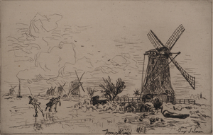 Johan-Barthold Jongkind, Batavia, Mills in Holland, Original Signed Engraving