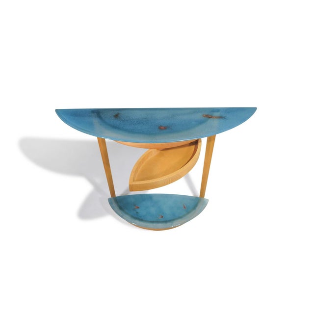 Mid 20th Century Beech Entryway Console Table With Turquoise Art Glass With Copper Infusions For Sale - Image 9 of 10