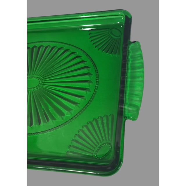 Vintage Art-Deco Emerald Green Glass Vanity or Hors D Oeuvre Tray For Sale - Image 6 of 7