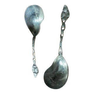 1970s Sterling Silver Strawberry Pattern Serving Spoons, Oyster Shape Scoop- Set of 2 For Sale