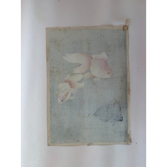 Japanese woodblock print Details: Woodblock print by Bakufu Ohno. The artwork depicts three vibrant, fancy goldfish...