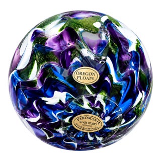 Pyromania Oregon Float Hand Blown Art Glass Orb Ball Paperweight Blue Green Purple Studio Glass Sculpture Coastal Decor Gift 4.5" For Sale
