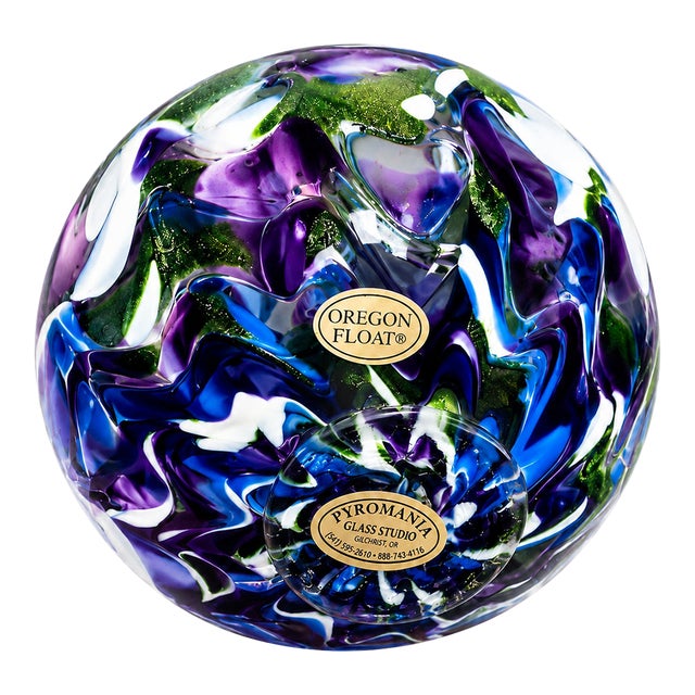 Pyromania Oregon Float Hand Blown Art Glass Orb Ball Paperweight Blue Green Purple Studio Glass Sculpture Coastal Decor Gift 4.5" For Sale
