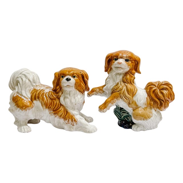 Vintage Continental Terracotta Cavalier King Charles Spaniel Dog Figurines - A Pair For Sale