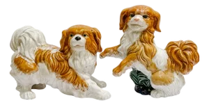 Vintage Continental Terracotta Cavalier King Charles Spaniel Dog Figurines - A Pair