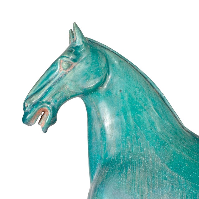 Ceramic Large Vintage Turquoise Ceramic Terracotta Asian Horse Sculpture For Sale - Image 7 of 11