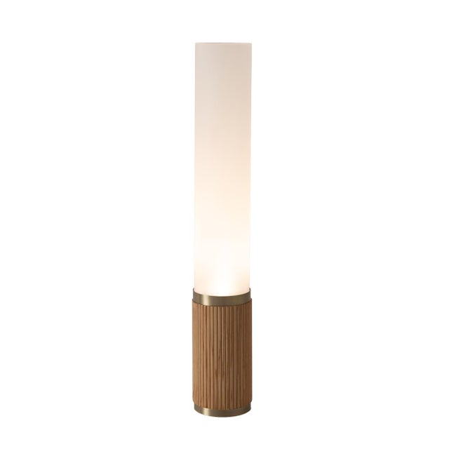 2020s 1980s Tambo Cylindro, 29" Accent Table Lamp, Natural Ash, Weathered Brass, Frosted Acrylic, Dimmer Switch For Sale - Image 5 of 9