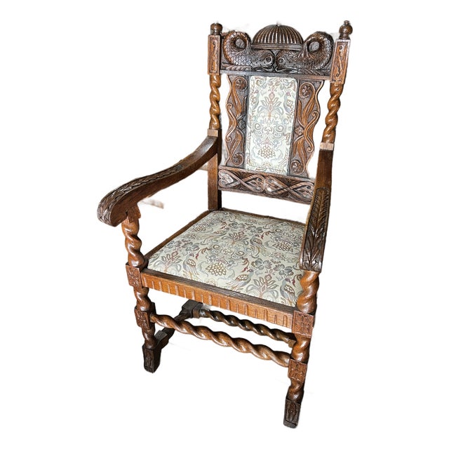 1970s English Style Carved Wooden Barley Twist Accent Chair For Sale