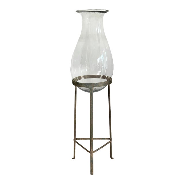 Vintage Blown Glass Vase on Wrought Iron Pedestal For Sale