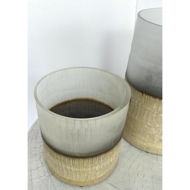 Modern Gray and Tan Chiseled Glass Vases Set of 2 For Sale - Image 4 of 5
