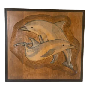 Vintage Postmodern 1984 George Updegraff Wood Carving Wall Art Signed Dolphins Sculpture