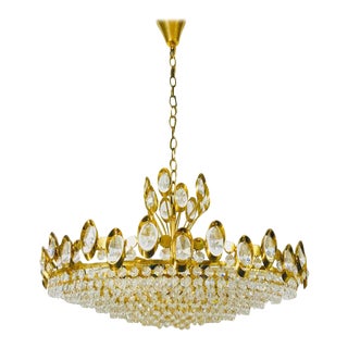 Golden Gilded Brass and Crystal Glass Chandelier by Palwa, Germany, 1960s For Sale