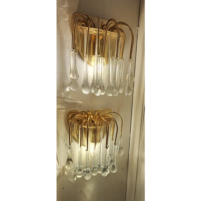 Vintage Wall Lamps with Gold-Plated Brass Brackets and Crystal Glass Drop Pendants, 1970s, Set of 2 For Sale - Image 9 of 9