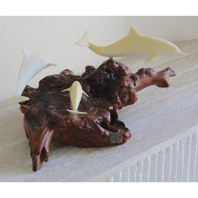 Vintage John Perry Dolphin Pod Sculpture on Natural Burlwood Base – 14" For Sale - Image 12 of 12
