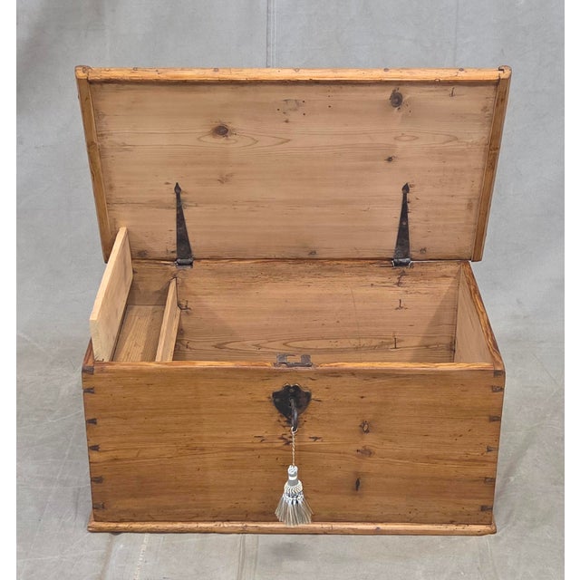 Rustic European Antique German Natural Pine Storage Trunk With Original Iron Key For Sale - Image 3 of 13