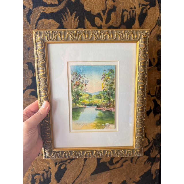 1980s Original Watercolor Landscape in Gilt Scroll Frame, Signed For Sale - Image 5 of 5