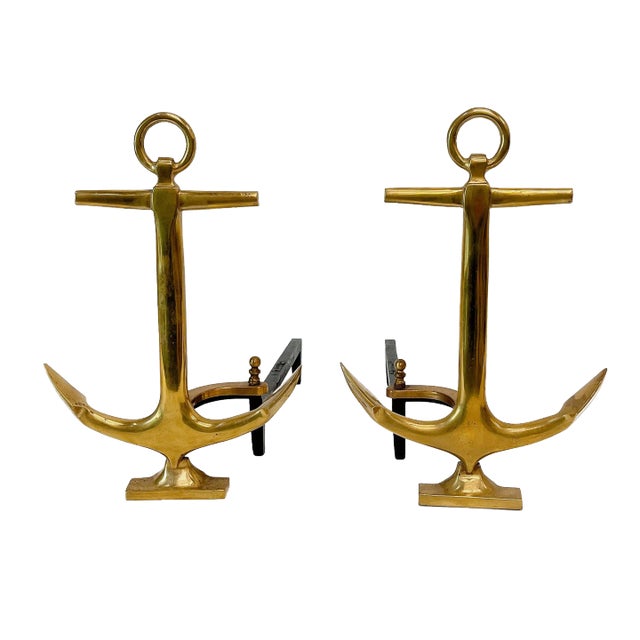 Pair of Vintage Brass Boat Anchor Andirons, Circa 1940s For Sale
