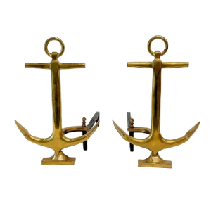 Pair of Vintage Brass Boat Anchor Andirons, Circa 1940s