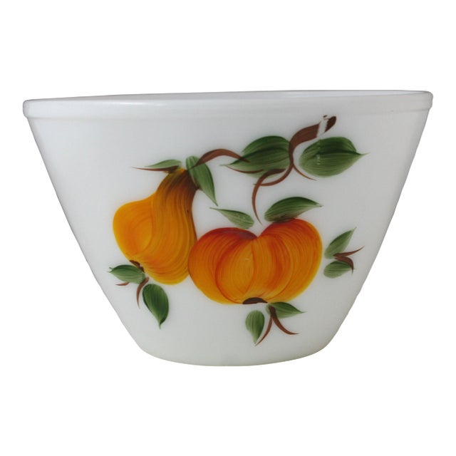 Mid 20th Century Gay Fad Studios & Fire King Hand Painted Fruit Pattern Milk Glass Bowl For Sale