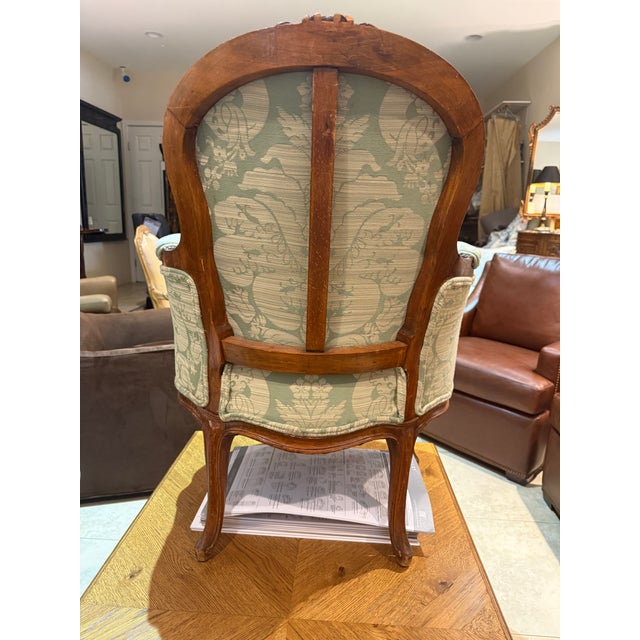 Antique French Walnut Arm Chair, newly upholstered in Green Cotton Damask, Petite in size it is a wonderful accent chair....