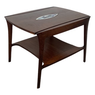 John Stuart Inc. Walnut Two-Tier End Table — Enamel Inlay Top, Splayed Legs, 1960s For Sale