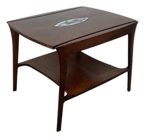 John Stuart Inc. Walnut Two-Tier End Table — Enamel Inlay Top, Splayed Legs, 1960s