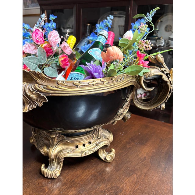 Metal Vintage French Style Jardeniere Black Porcelain and Bronze 23”x 9” For Sale - Image 7 of 12