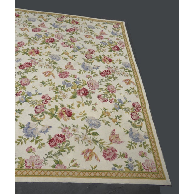 Vintage French Provincial Needlepoint Tapestry Off White Floral Area