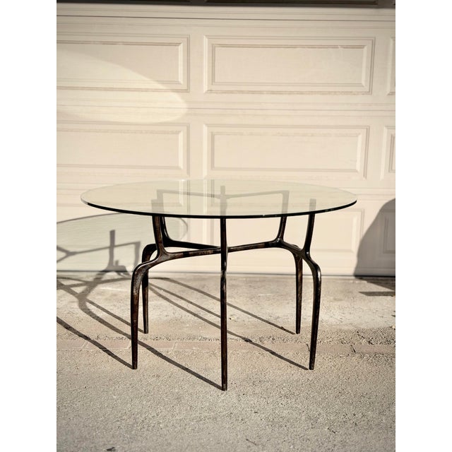 Made Goods Sculptural Antique Bronzed Iron Legs Round 48” Glass Top Cyrano Dining Table by Made Goods For Sale - Image 4 of 11