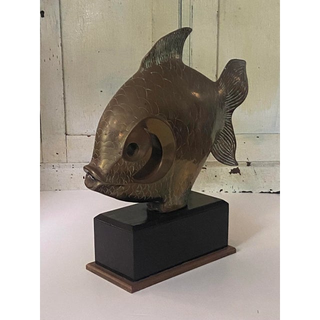 Brass Vintage 1980s Bronze or Brass Fish Sculpture on Wooden Base For Sale - Image 8 of 9