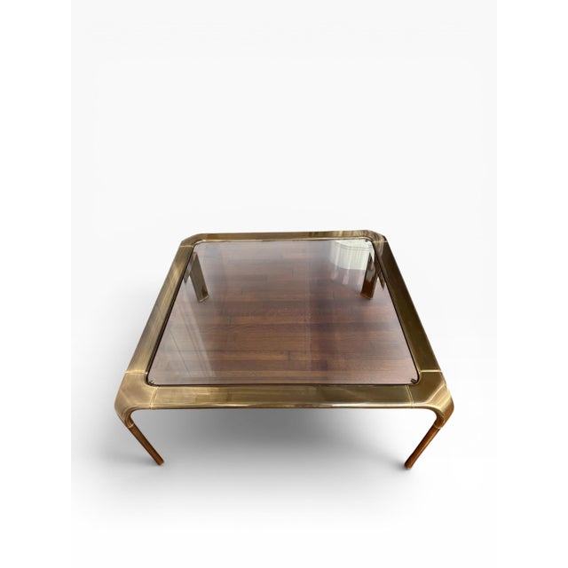 1970s Mastercraft × John Widdicomb Brass and Glass Coffee Table — 40″ Square For Sale In Boston - Image 6 of 16