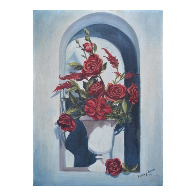 1940s Tromp l'Oeil Rose and Amaranth in Alcove Still Life by Riverda Kapunas For Sale