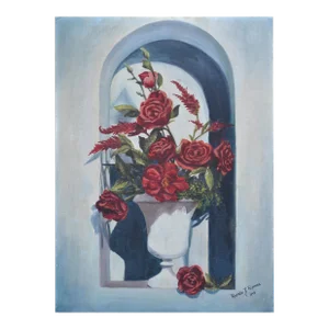 1940s Tromp l'Oeil Rose and Amaranth in Alcove Still Life by Riverda Kapunas