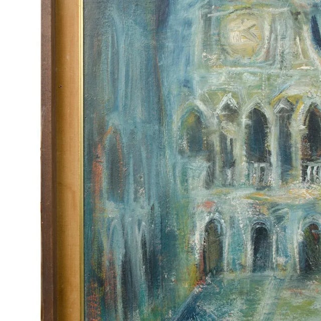 A Large Oil on Masonite Painting Depicting a City View Painting Featuring a Clock Tower. Unsigned. For Sale - Image 4 of 12
