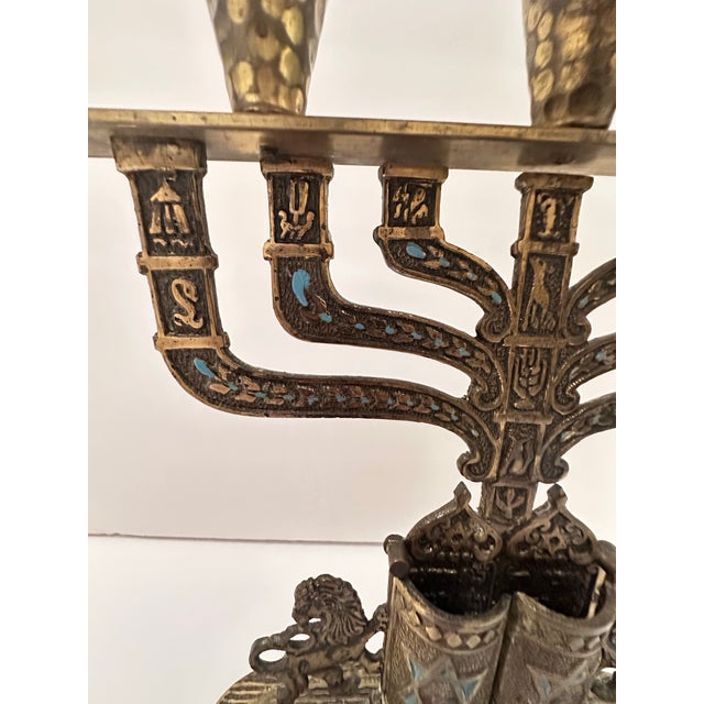Vintage Brass Menorah With Movable Doors For Sale - Image 4 of 11