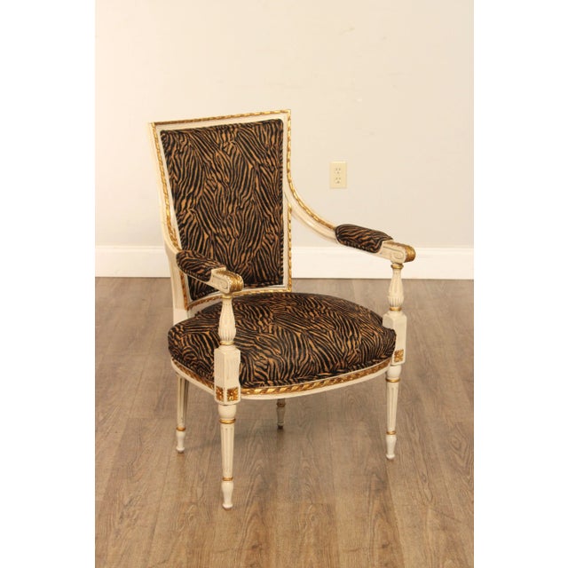 High Quality Carved and Painted Fauteuil Armchair with Custom Tiger Print Upholstery and Gold Painted Accents