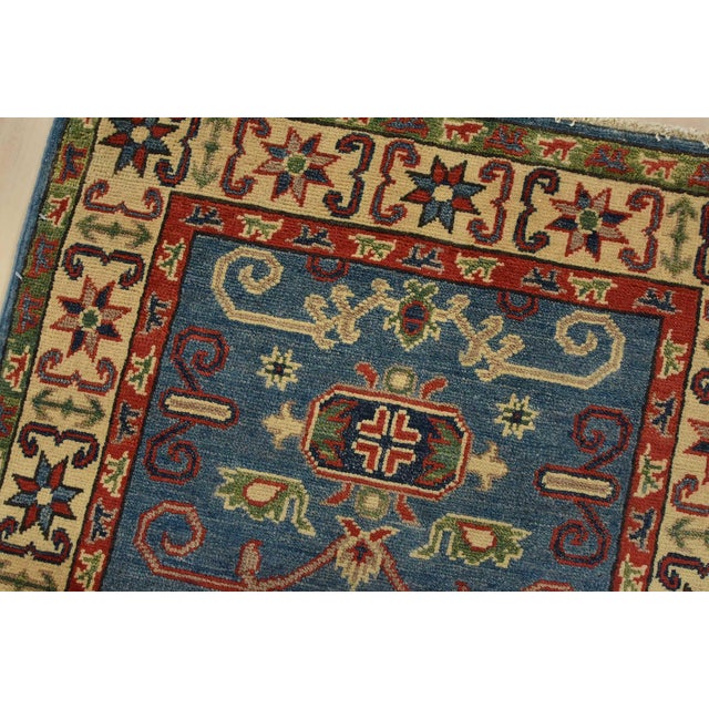Kazak Rug 2’9” X 4’2” Blue Wool Tribal Hand-Knotted Oriental Carpet For Sale In Philadelphia - Image 6 of 10