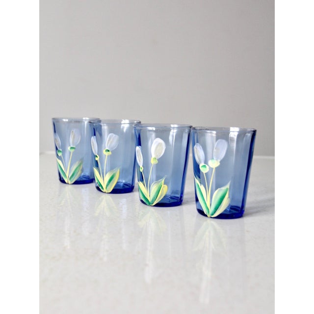 Glass Antique Blue Hand-Painted Glass Pitcher and Tumbler Set For Sale - Image 7 of 14