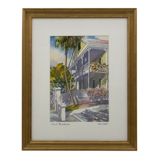 Original Georg K. Salhofer Watercolor Painting Conch Residence Key West Florida For Sale