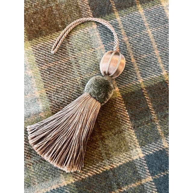 Aqua and Taupe Satin Beaded Key Tassel With Cut Velvet Detail For Sale - Image 17 of 17