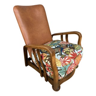 Art Deco Bentwood Armchair with Tan Leather and Chiang Mai Dragon Fabric Upholstery from Schumacher, 1930s For Sale