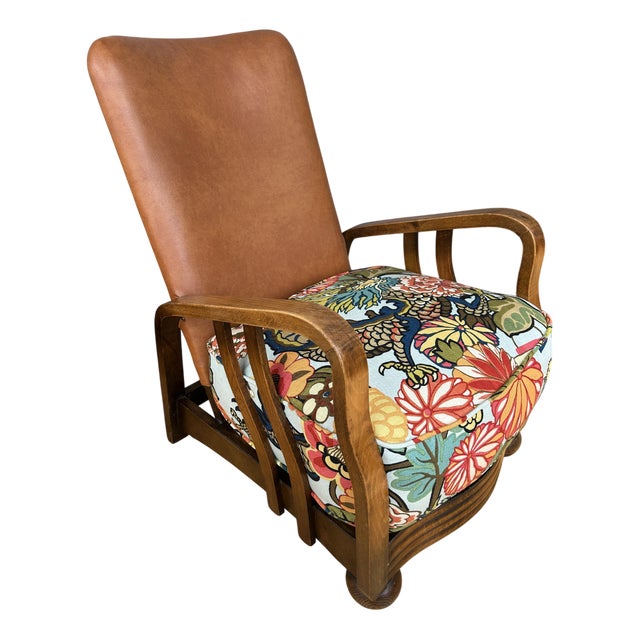 Art Deco Bentwood Armchair with Tan Leather and Chiang Mai Dragon Fabric Upholstery from Schumacher, 1930s For Sale