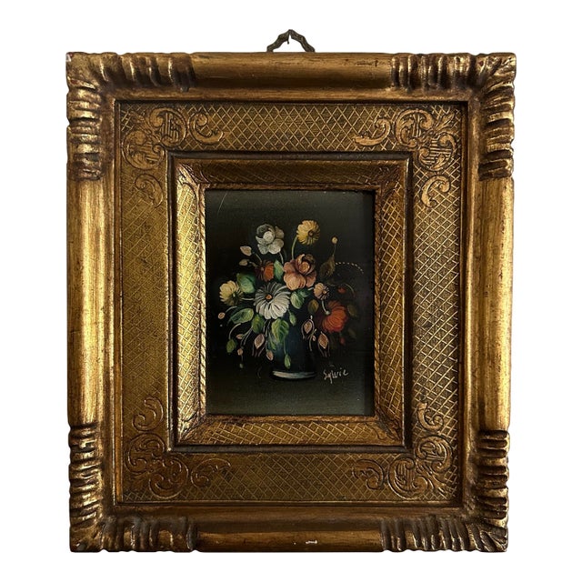 Vintage Miniature Italian Floral Still Life Oil Painting in Gold Frame For Sale