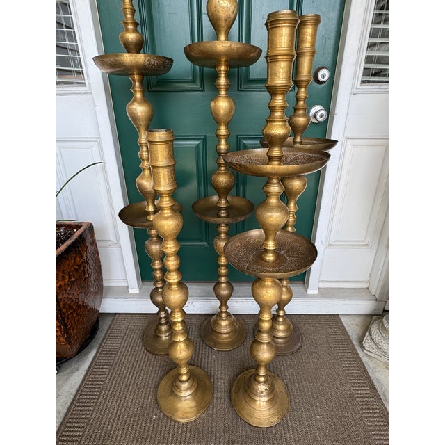 Vintage 1960s Moroccan Etched Brass Pillar Altar Floor Candle Stands = 5 Altars (35 Pieces) For Sale - Image 11 of 15