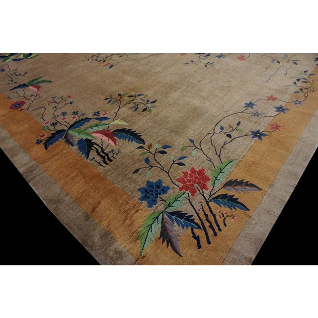 Beige Floral Antique Chinese Art Deco Rectangle Large 1920s Hand Knotted Rug For Sale - Image 10 of 12