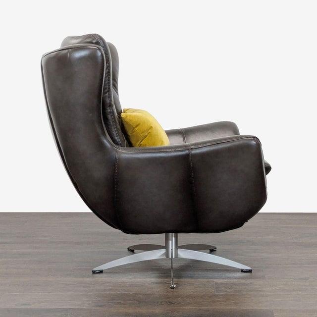 Pottery Barn Pottery Barn Wells Modern Brown Leather Swivel Chair With Yellow Pillow For Sale - Image 4 of 6