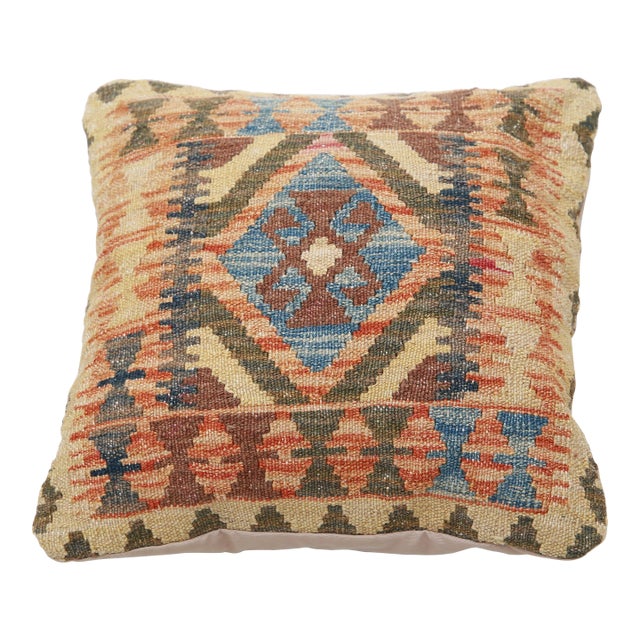 Arteverk Handwoven Afghan Kilim Pillow — Beige & Blue Diamond Medallion For Sale